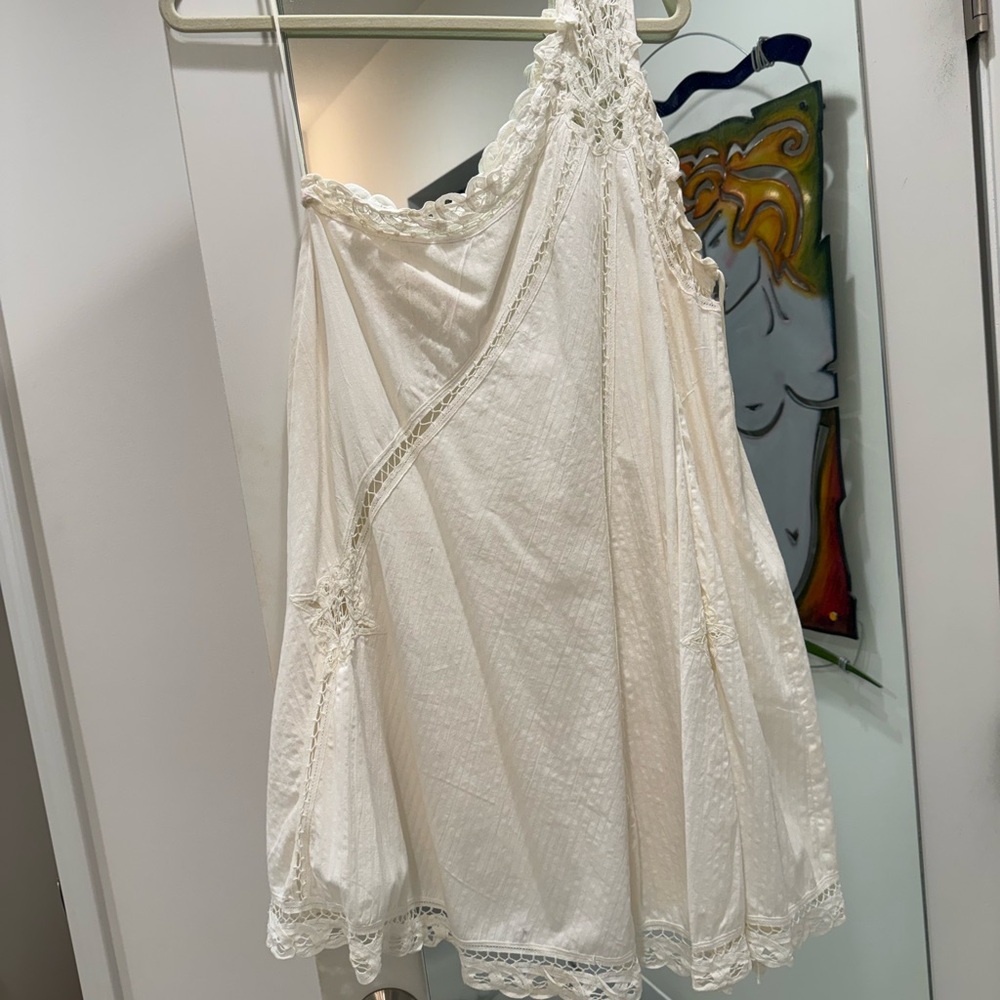 Free People One-Shoulder Cream Lace Trim Dress